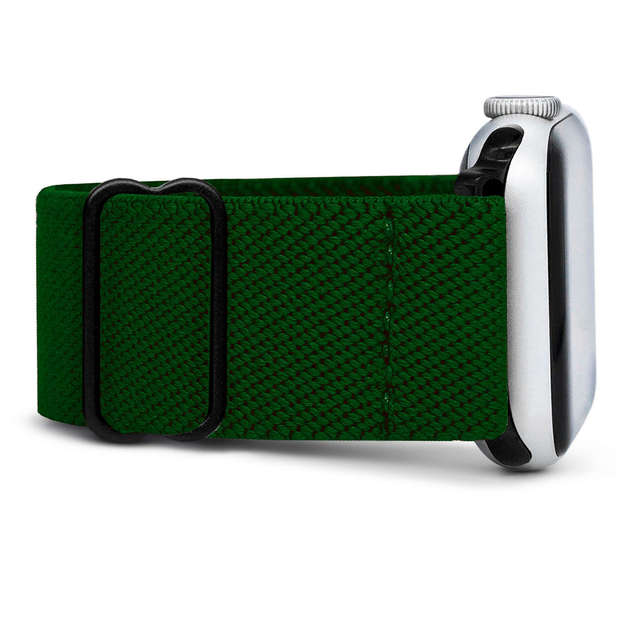 Silver smartwatch with a dark green nylon strap and black buckle.
